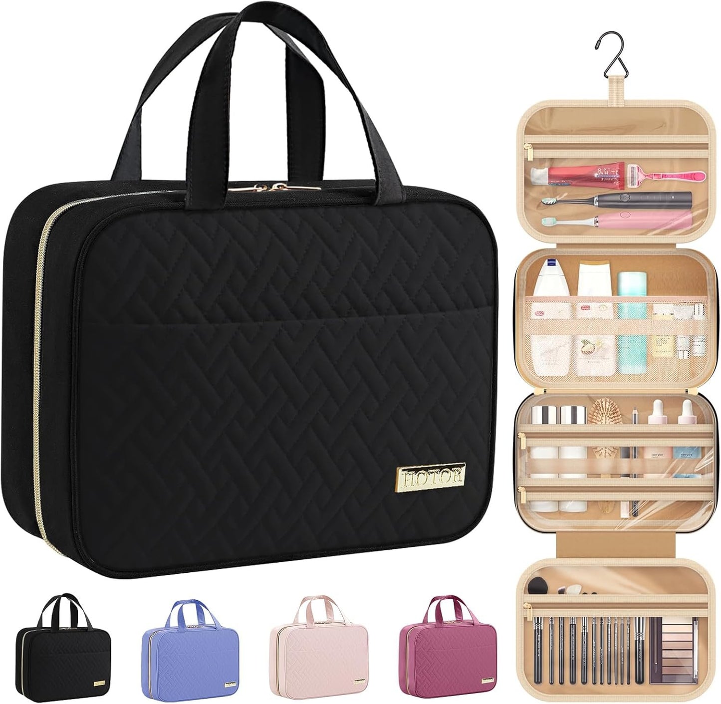 HOTOR Travel Toiletry Bag - Toiletry Bag w/Hanging Hook - Spacious Toiletry Bag for Women & Men, Makeup Bag/Big Comparment, Waterproof for Travel Accessories, Travel Essentials, Small, Black