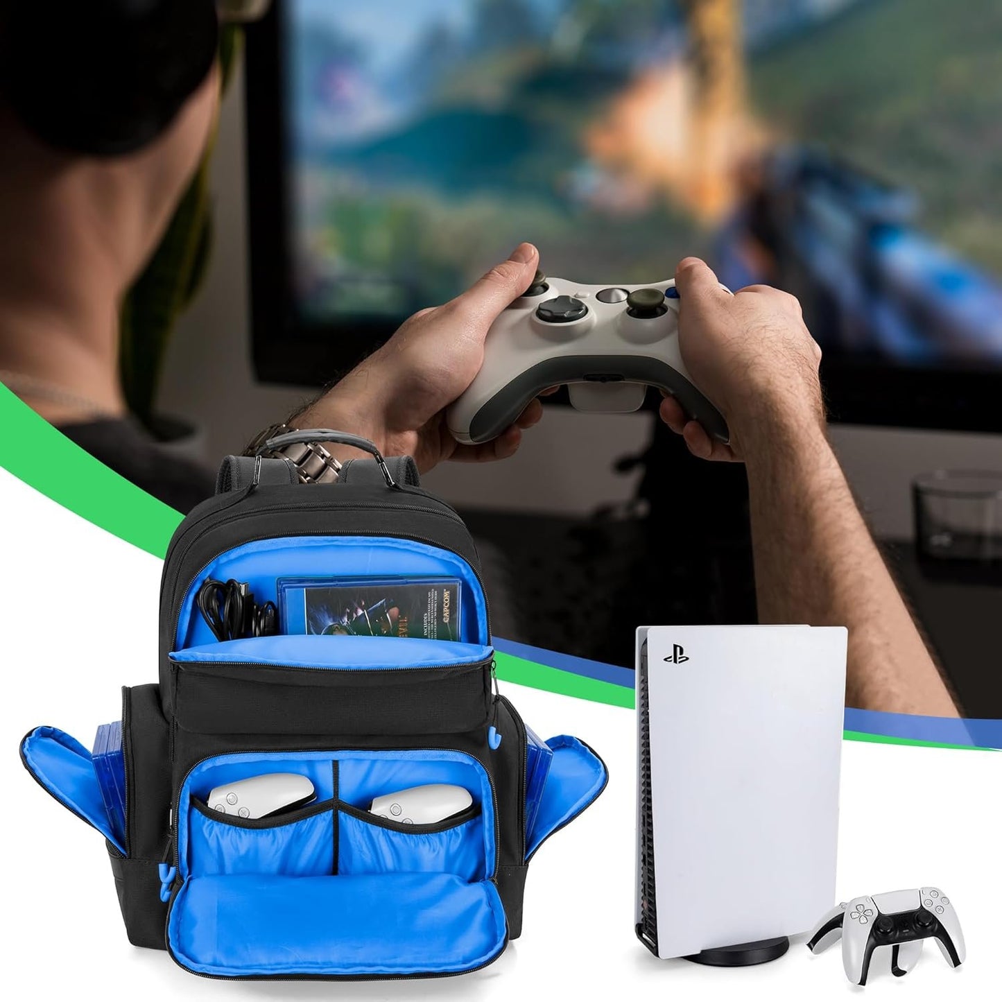 PGmoon Console Backpack Compatible with PlayStation 5/PS5 Slim/PS5 Pro, Travel Carrying Case Bag with Protective Liner, Fits 15.6’’ Laptop, Controllers and Most Gaming Accessories (Patent Design)