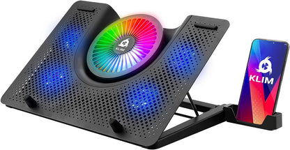 KLIM Nova RGB Cooling Pad - Gaming Laptop Cooler With Phone Holder - Quiet Stand With Fan - Compatible up to 17" - Ventilador para Laptop - 5-Year Assurance - Mac PS5 PS4 Xbox One