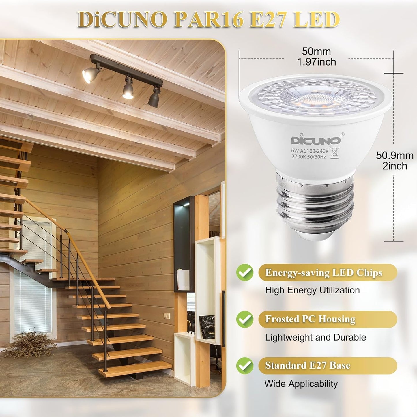 DiCUNO E27 LED Spotlight 6W, PAR16 LED Reflector Bulbs, Warm White 2700K, 50W Halogen Replacement, 500LM, CRI 90, Short Neck Light Bulb for Recessed Light, Non-dimmable, 60° Beam Angle, Pack of 6