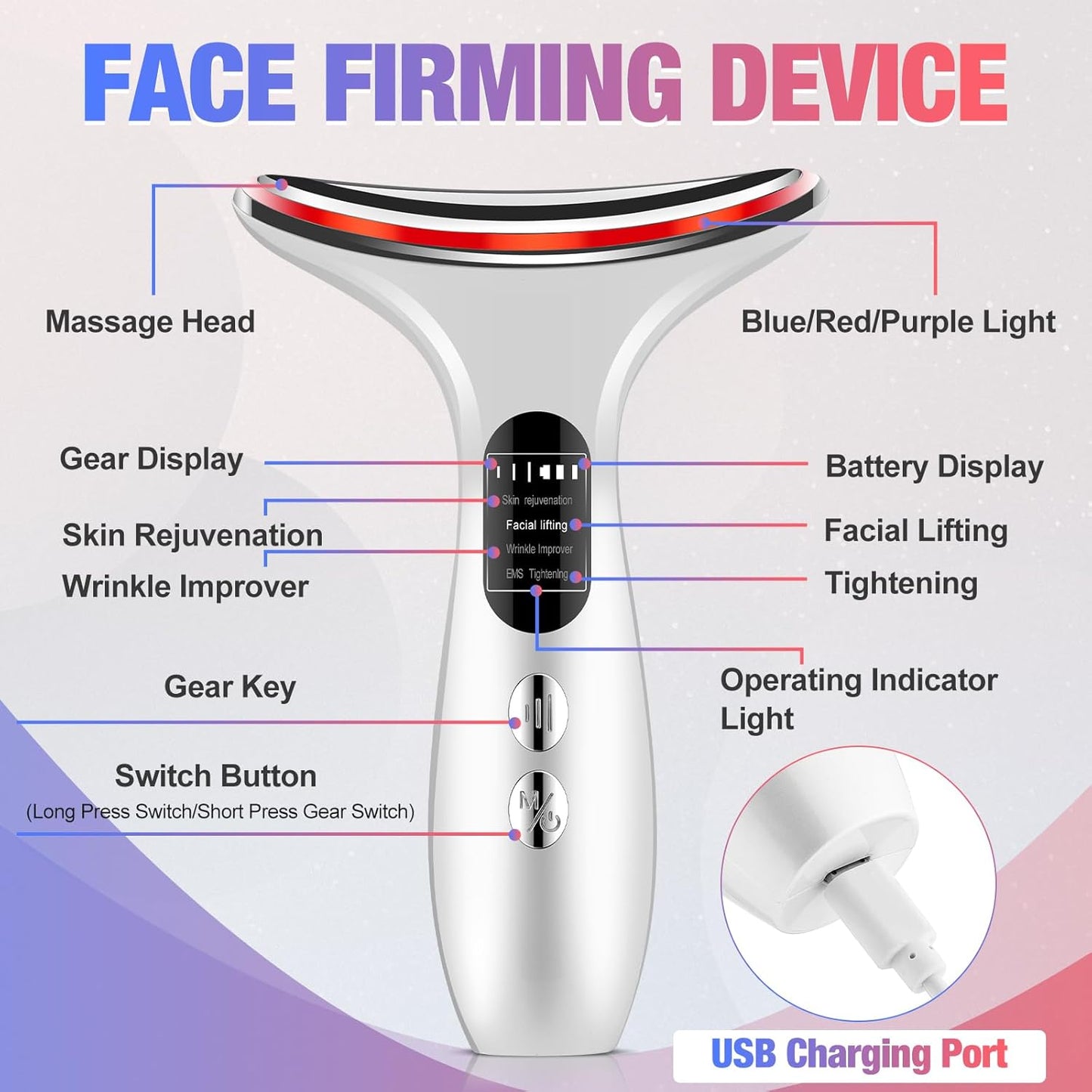 Face Massager for Neck Face, 3 Intensities Face Lifting Device, 4 Modes Face Firming Device for Neck Face, Portable Neck Face Beauty Device for Lifts and Tightens Skin, Firm Smooth, Black