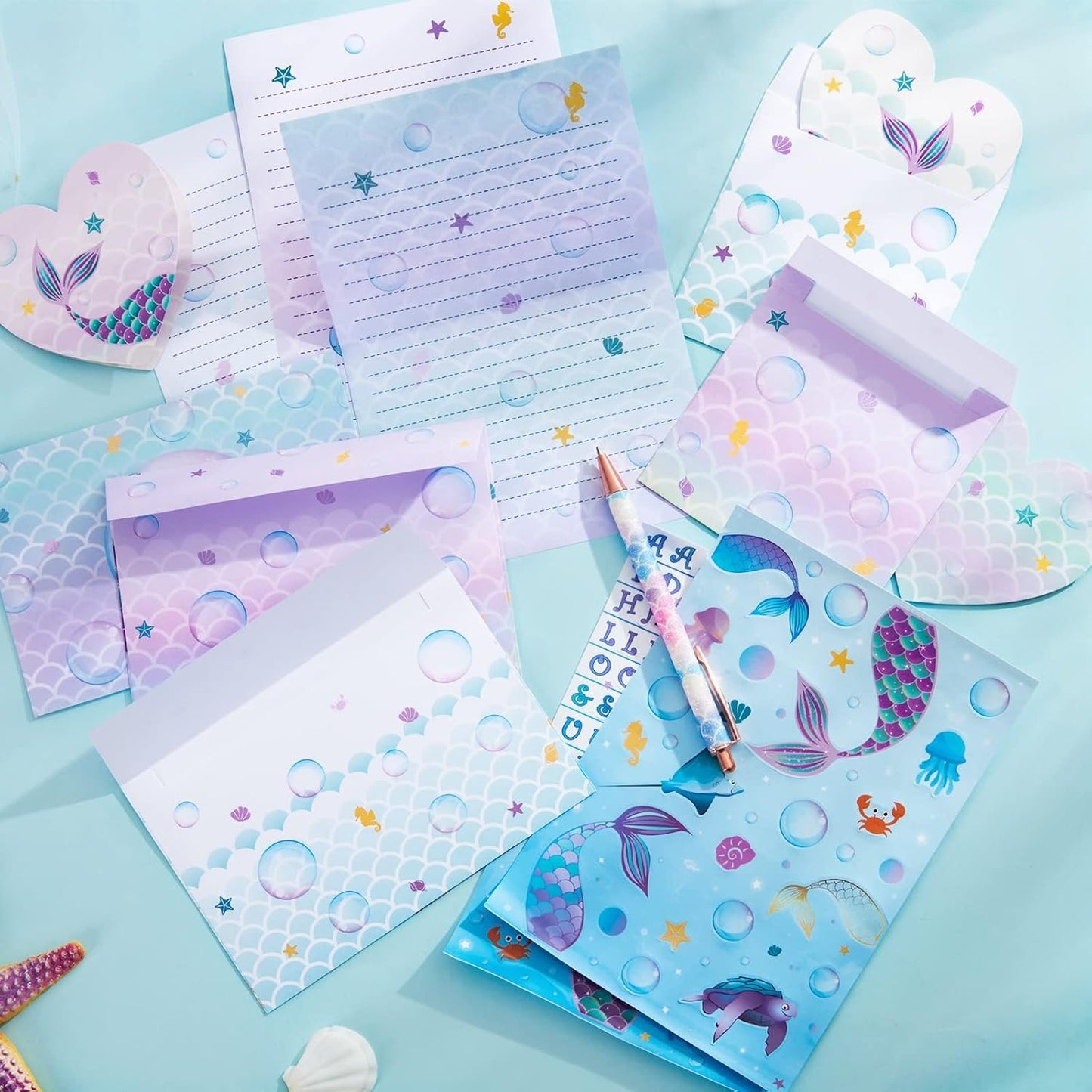 Mermaid Paper and Envelopes Set - 69PCS Magical Mermaid Stationery Paper for Kids Girls Christmas Birthday Gifts Stationery Letter Writing Set Envelopes Greeting Cards Stickers Ballpoint Pen Gift Box