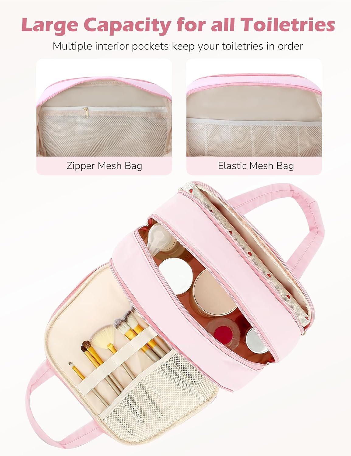 Travel Toiletry Bag, Large Capacity Makeup Organizer, Water-Resistant Make up Travel Bags, Cute Cosmetic Travel Bag with Handle, Hanging Case for Accessories, Cosmetics, Toiletries (Black)