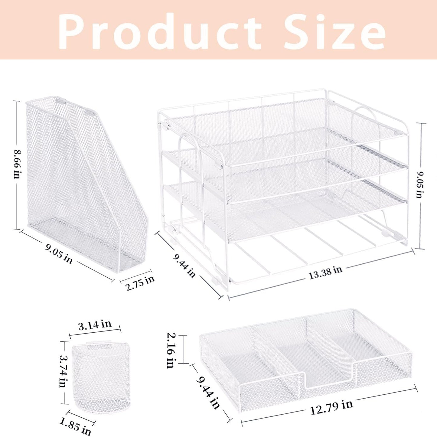 OPNICE Desk Organizers and Accessories, 4 Tier Tray Letter Paper Organizer with Vertical File Folder Holder Organizer, Desktop Organization and Desk Accessories for Office Suppliesï¼ˆWhiteï¼‰