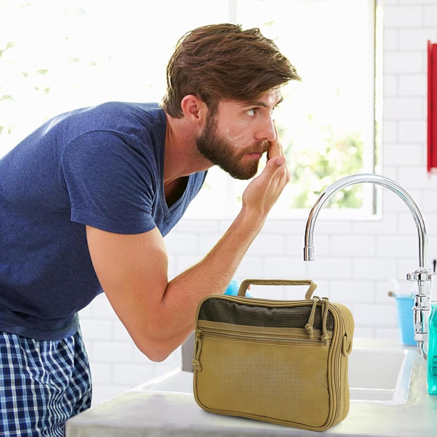 SMONT Mens Toiletry Travel Bag With Double Side full Open Design Travel Toiletry Organizer Dopp Kit Shaving Hygiene Bag Bathroom Hanging Toiletry Bag for Short Trips Tactical Toiletry Bag, Khakiï¼ˆNo