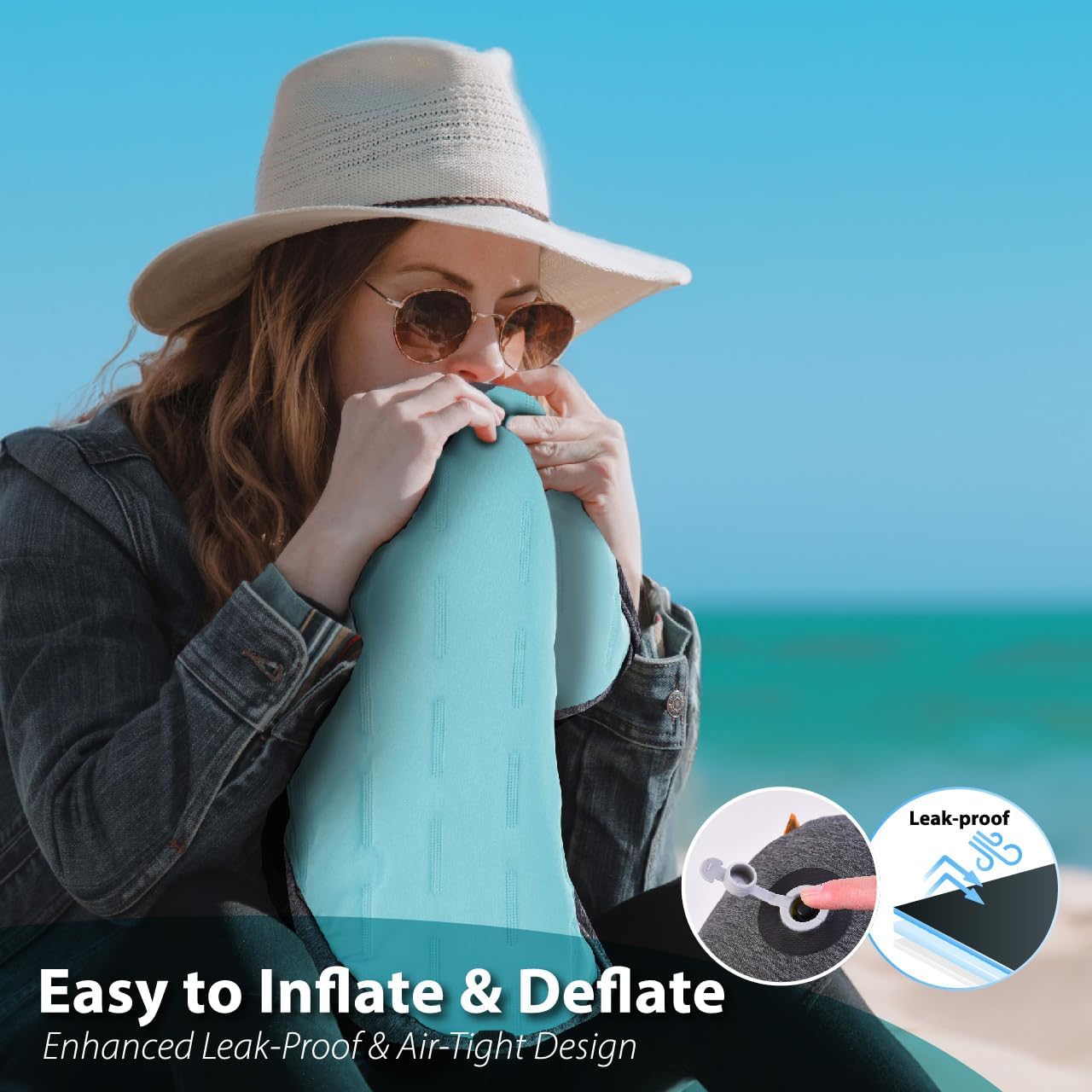 TREKOLOGY Inflatable Beach Pillow with Removable Washable Cover, Sand Bag Anchor & Adjustable Strap – Lightweight, Compact Travel Pillow for Beach, Pool, Hiking, and Outdoor Adventures