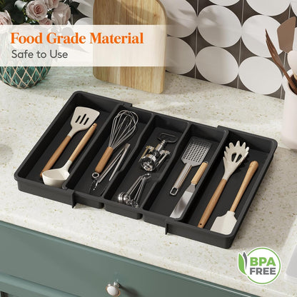 Lifewit Silverware Drawer Organizer and Utensil Organizer Set, Expandable Cooking Cutlery Tray for Kitchen, Adjustable Plastic Flatware Holder Storage Divider for Spoons Forks Knives, Large, Black