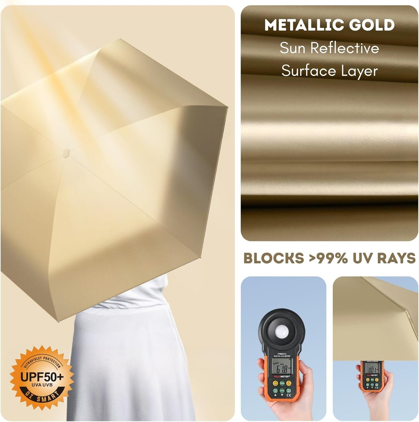 Mini Sun Umbrella with 6-Rib Golden Frame | UPF 50 UV Protection Folding Parasol | Compact Travel Umbrella for Women & Kids | Lightweight Windproof for Beach Golf Outdoor