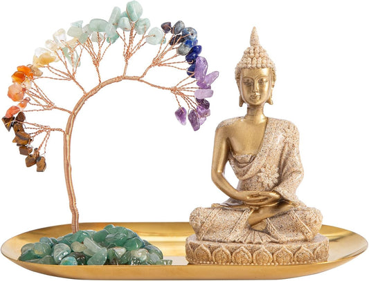 7 Chakra Healing Crystal Tree and Zen Statue, Sakyamuni Buddha Statue, Meditation Chakra Decoration, Home, Shelf, Office, Mantle Decoration, Good Luck，Health and Wealth