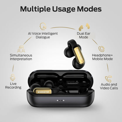 Monster AI Translation Earbuds Open AC601, 3-in-1 Translator Wireless Earbuds, Bluetooth 6.0 Open Earphones with 115 Languages Translation, Real-Time AI & Touch Control Wireless Headphone