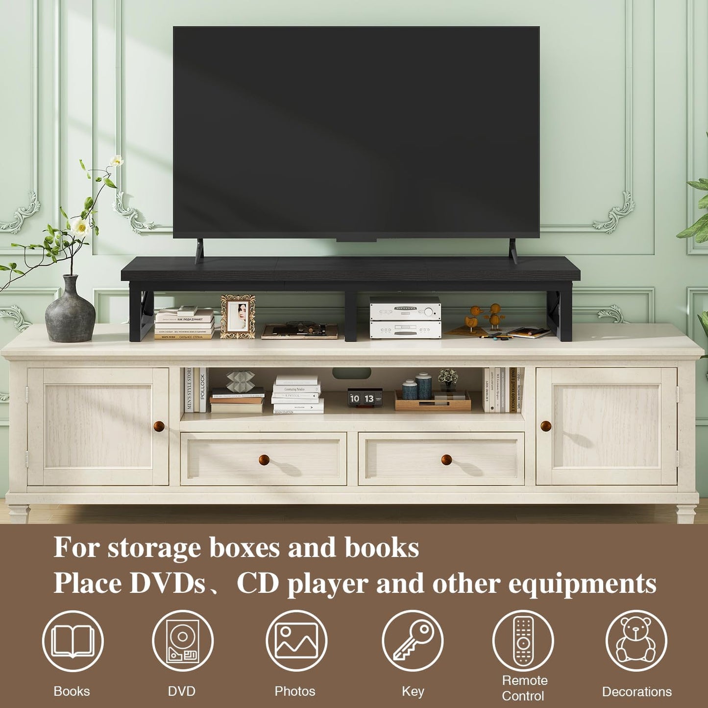 IBUYKE TVT002B 32-60 Inch TV Stand, Low Cabinet for 2 Tiers, Office Desk with Double Screen, TV Cabinet for Living Room and Bedroom, Black