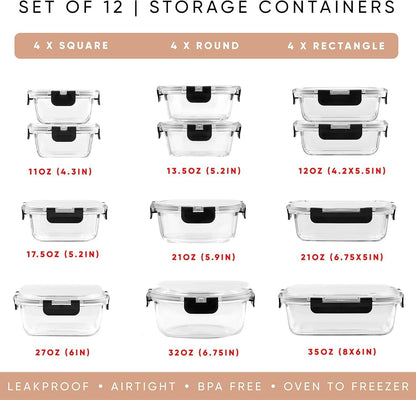 12 Pack Glass Food Storage Containers with Lids, Meal Prep Pantry Kitchen Storage Containers for Lunch, Leak Proof, Airtight Glass Lunch Bento Boxes for Microwave, Oven, Freezer (BLACK)