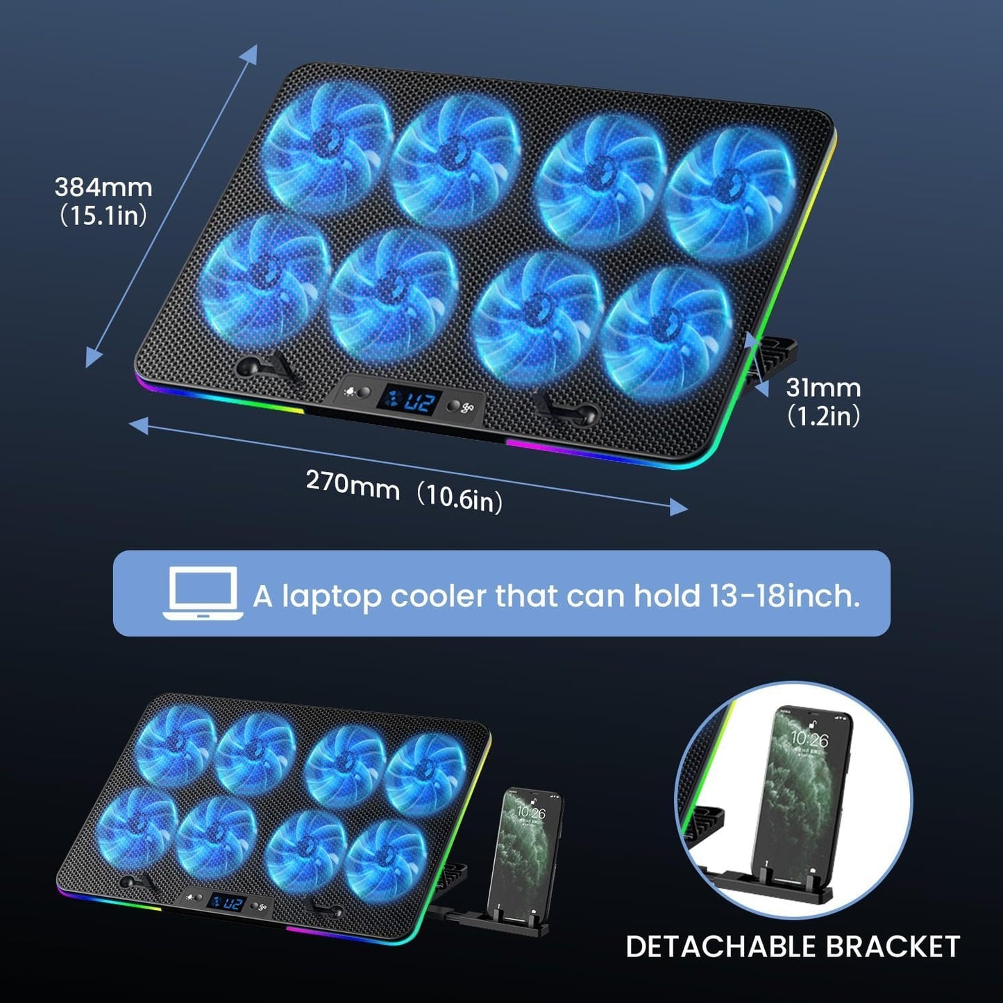 Necomi Laptop Cooling Pad, Laptop Cooler with 8 Quiet Led Fans for 11-17Inch Laptops, Show Fan Speed, with 7 Height Stands Dual USB Powered Gaming Laptop Cooling Pad