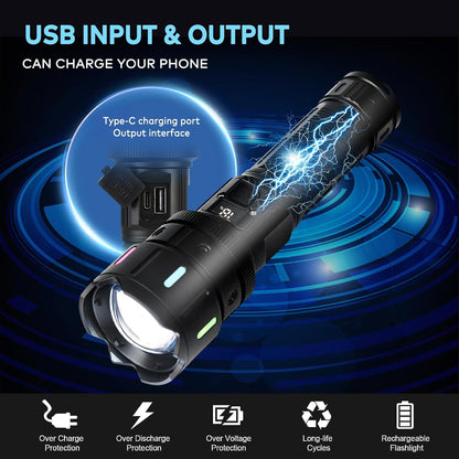 LED Torch Rechargeable Torch with High Lumens, 30000 Lumen XHP70.2 Super Bright Torch, High Powered Torches, Powerful Handheld Tactical Flashlight for Emergency Camping Hiking Gift