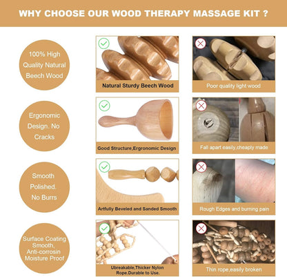 OYHMC Wood Therapy Massage Tools Professional Maderoterapia Kit Body Sculpting Tools for Lymphatic Drainage and Anti-Cellulite.Wood Massager Roller Rpoe for Back and Muscle Pain Relief (5pcs)