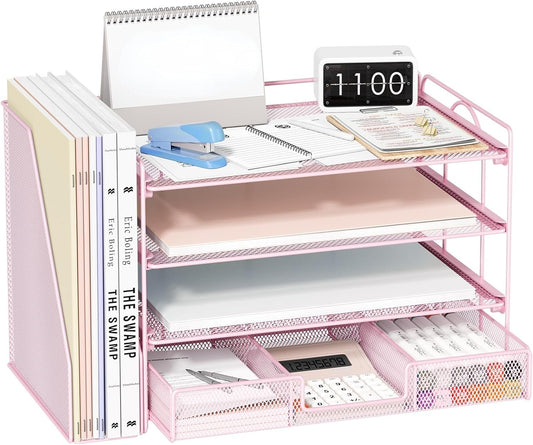 OPNICE Desk Organizers and Accessories, 4-tier Paper Letter Tray Organizer with Removable File Holder + Drawer, Office Desktop Workspace File Organizer for Office Supplies Desk Accessories (Pink)