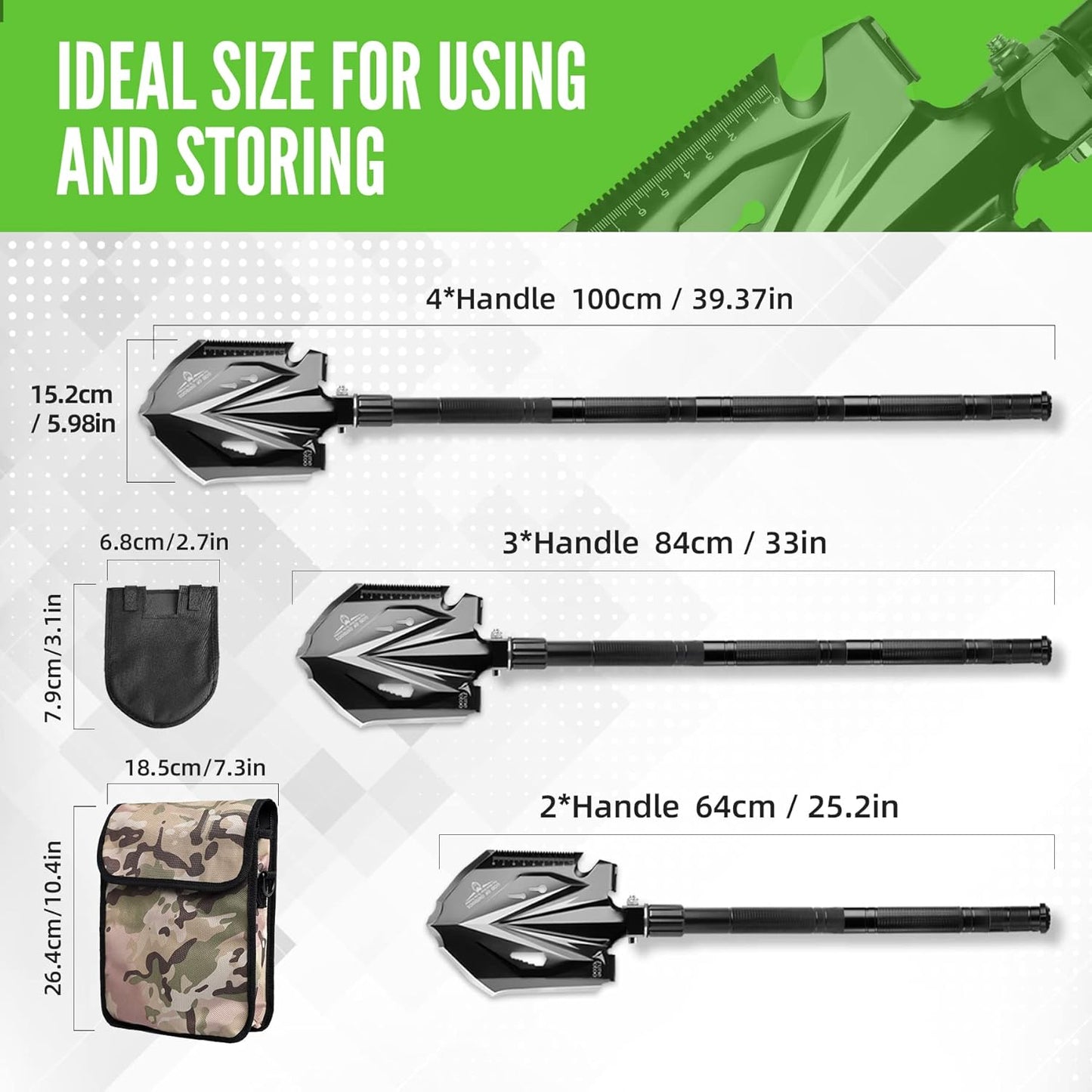 Zune Lotoo Tactical Shovel Survival Tool, 18 in 1 Small Camping Folding Multitool Compact Entrenching Tool Heavy Duty for Hiking Backpack Emergency Spade Lightweight Car Truck Gift Survivalist,Black