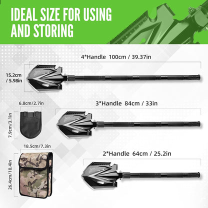 Zune Lotoo Tactical Shovel Survival Tool, 18 in 1 Small Camping Folding Multitool Compact Entrenching Tool Heavy Duty for Hiking Backpack Emergency Spade Lightweight Car Truck Gift Survivalist,Black