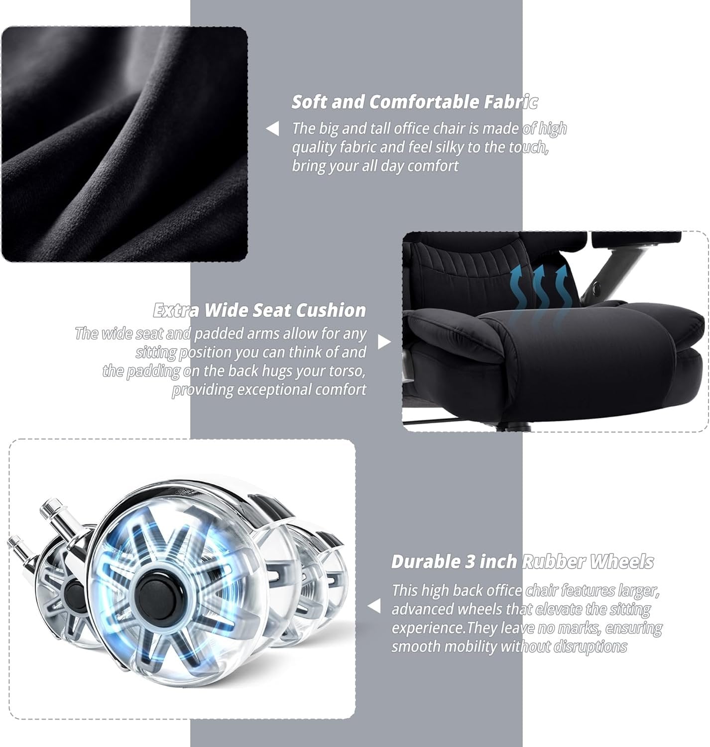 Big and Tall Office Chair 500lbs- Fabric High Back Desk Chair with Adjustable Lumbar Support 3D Flip Arms Plus Size Rubber Wheels- Large Executive Computer Chair, Extra Wide Seat, Ergonomic Design