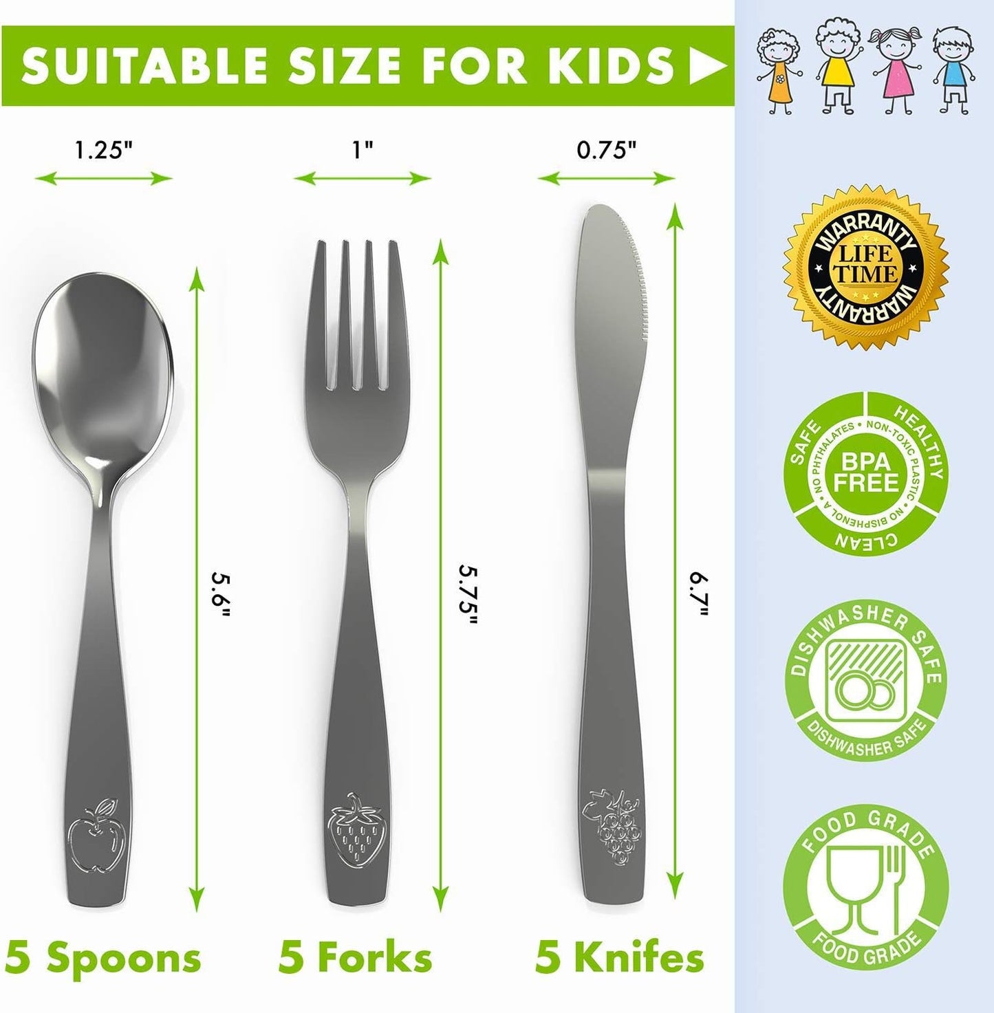 Stainless Steel Kids Silverware Set - Child Safe Flatware - Kids Utensil Set - Metal Kids Cutlery Set (15 - Piece)