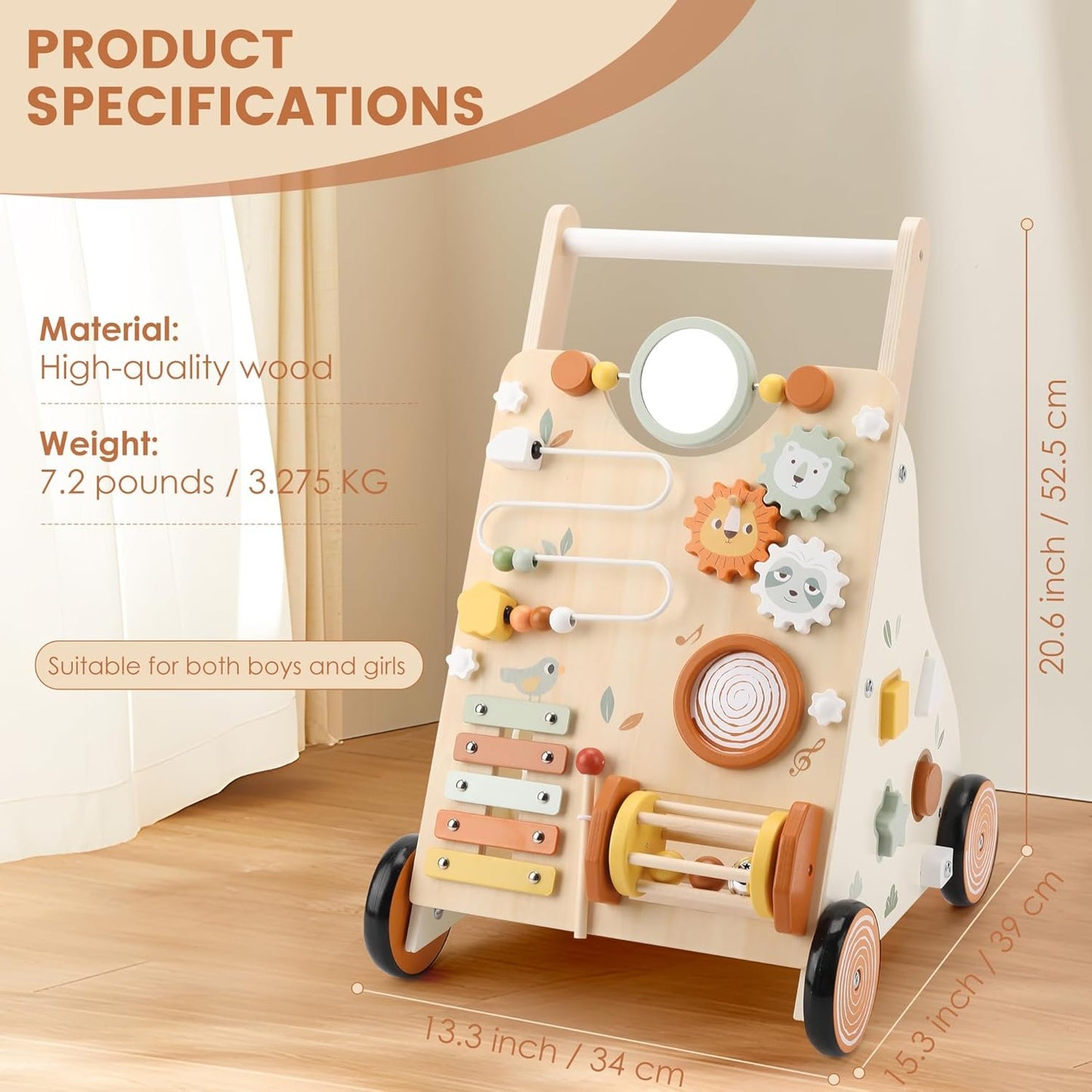 Pithfor Wooden Baby Walker, Baby Push Walker with Activity Center for Girls Boys, Push Walker Toys for Babies Learning to Walk, Sit-to-Stand