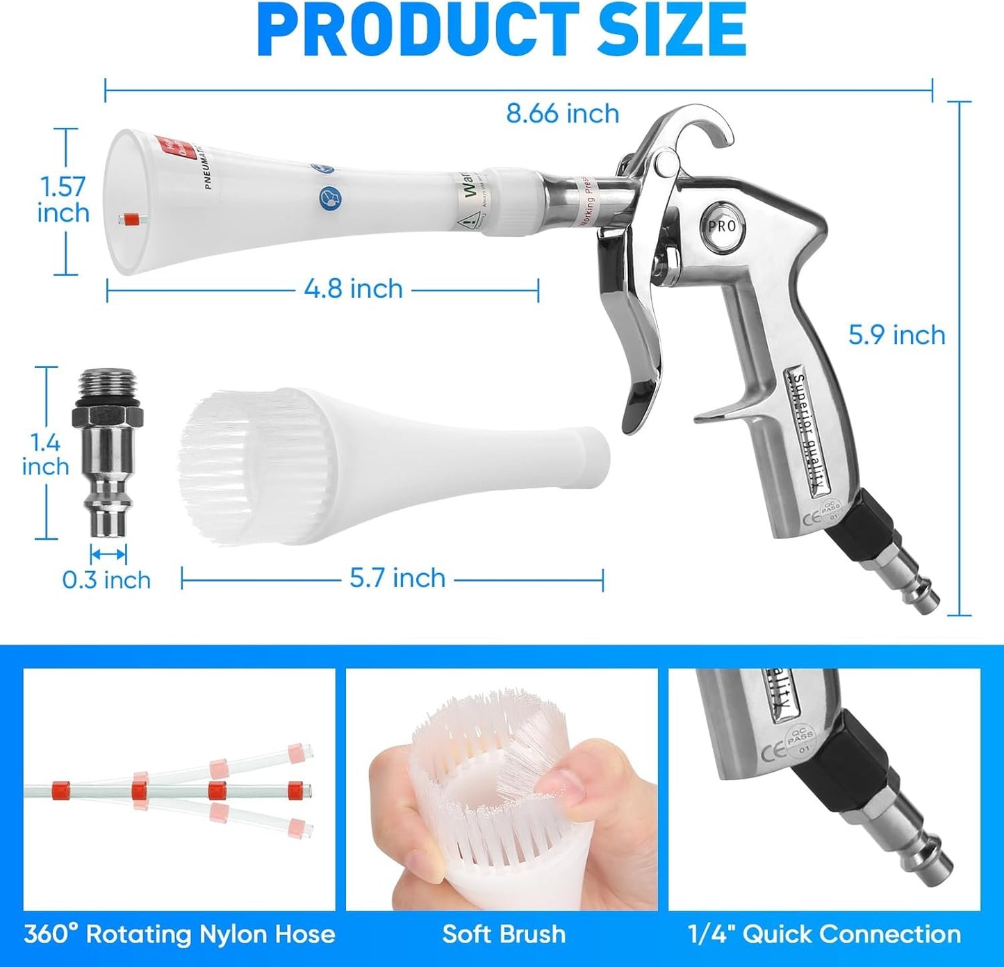 MYPIN Aluminium Car Cleaning Gun with Tapered Nozzle, 6-9.2Bar with 2 Set Nozzle, Pressure Air Blower Blow Gun Producing Powerful Blast of Air for Cleaning Cars, Velvet, Furniture and Carpets