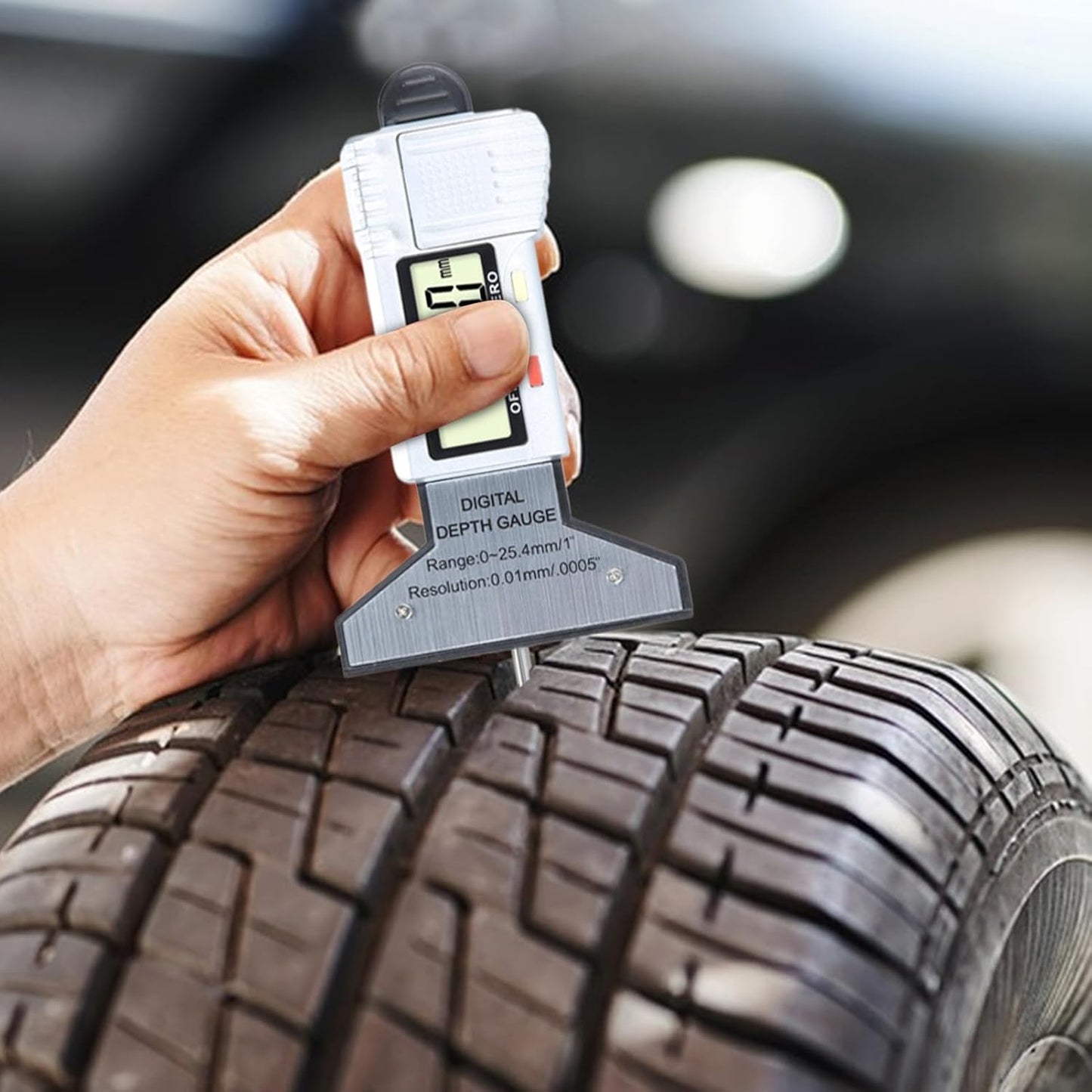 Tire Tread Depth Gauge, Digital Wear Measuring Tool, 0mm Precision with 0-25.4mm Range, Handheld Depth Checker, Ideal for, Motorcycles, Safety Inspections, Garage Use