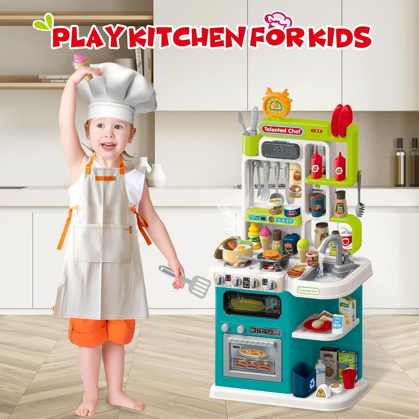 Kids Kitchen Playset for Toddler with Sound & Light, Cooking Stove with Steam, Play Sink and Toy Kitchen Accessories for Toddlers Kids Boys Girls (Green)