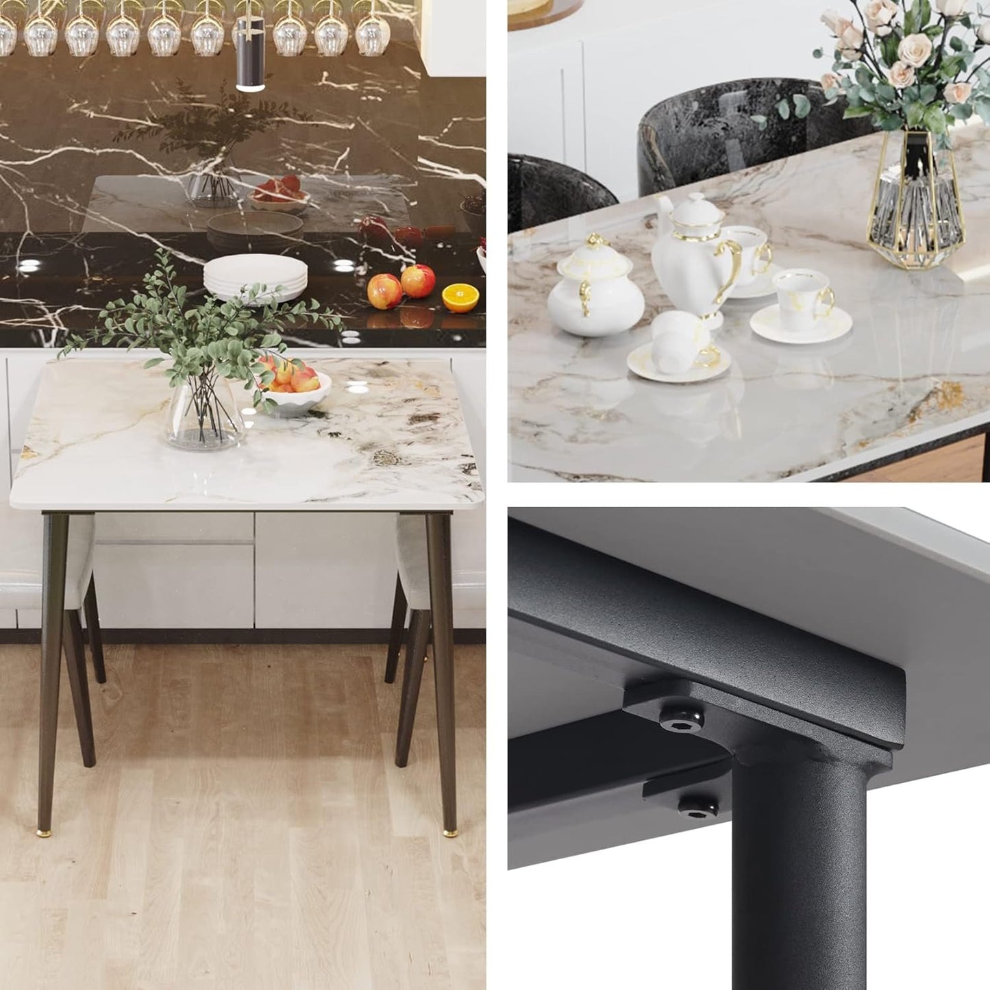 Kitchen Dining Table Square 32 Inch: Modern Sintered Stone Marble Effect Table Top with Tapered Metal Legs 4-Seat Breakfast Table for Dining Room, Restaurant, Living Room Furniture, 32 x 32 x 30 Inch