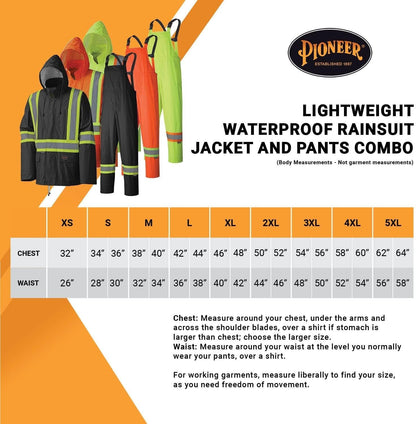 Pioneer Hi Vis Waterproof Lightweight Rainsuit - Work Safety Hooded Jacket and Bib Pants - Adjustable Pant Length - Hi Vis Orange