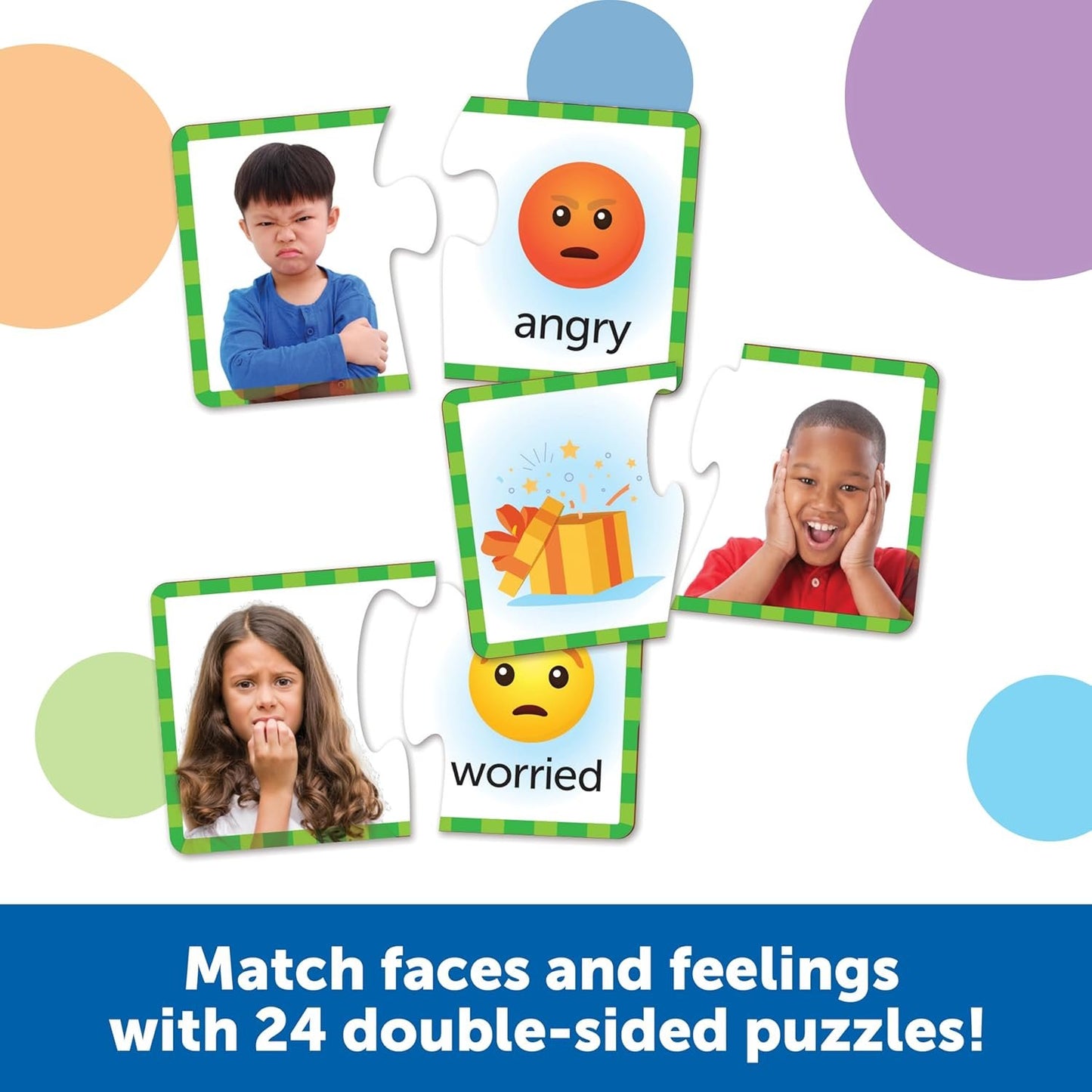 Learning Resources Feelings & Emotions Puzzle Cards, Social Skills, Autism Learning Materials, Speech Therapy Materials, Social Emotional Learning Toys and Games for Kids, 48 Pieces, Ages 3+