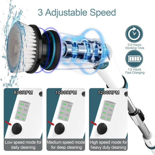 BHY Electric Spin Scrubber - 1200RPM Shower Scrubber Cordless Cleaning Brush with 2 Packs Battery&Charger, 8 Replacement Head,3 Adjustable Extension Handle for Bathroom Tub Tile Floor