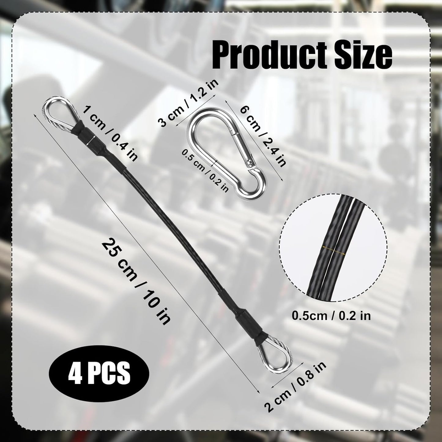 4pcs 10" Gym Extension Cable with Carabiner, Fitness Extension Cable Replacement Compatible with Bowflex Home Gym Machine Accessories for Leg Extension, LAT/Tricep Pull Down