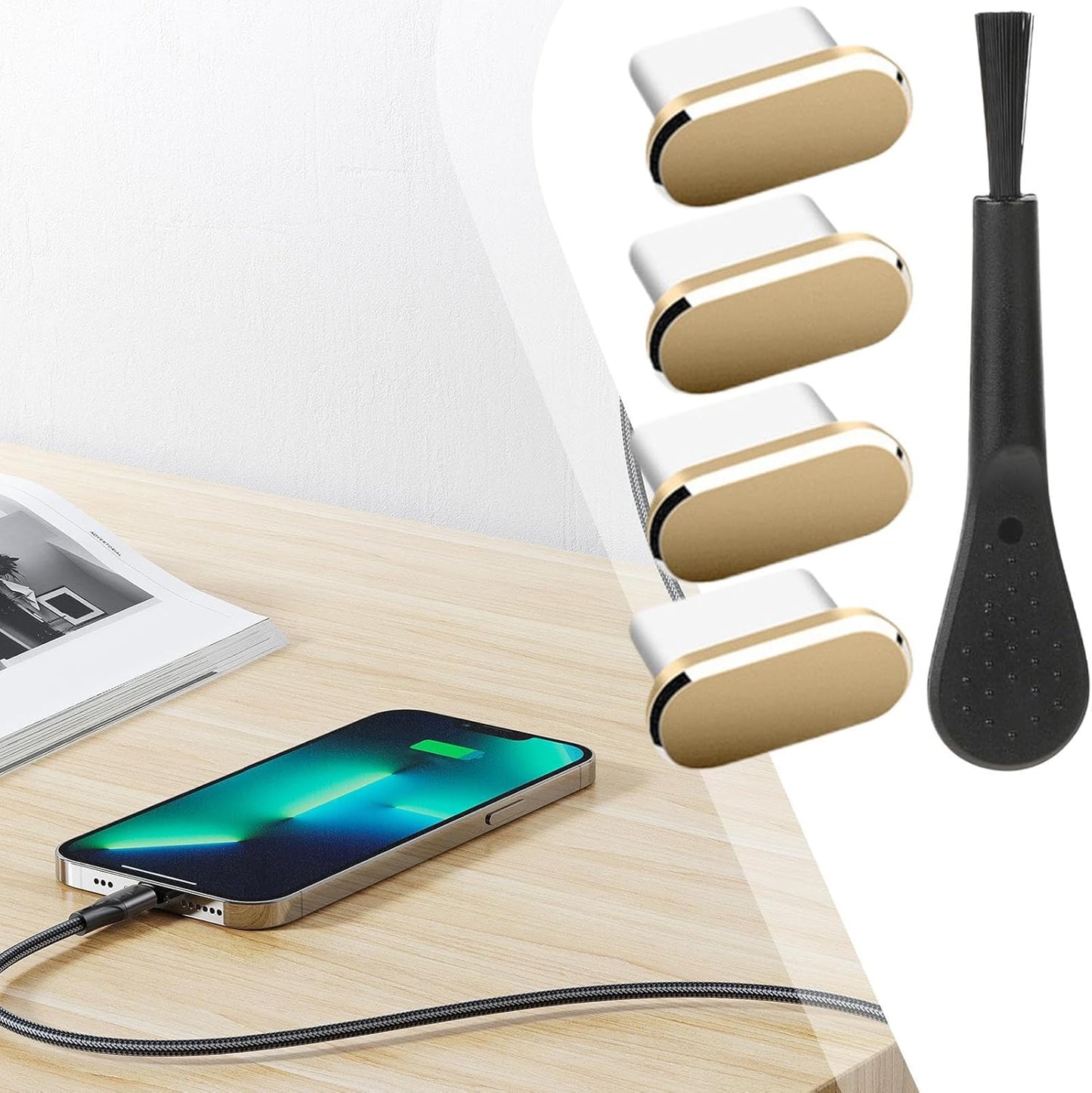 USB C Dust Plug, Charging Port Cover Set of 4, 0.39 x 0.24 Inch, Portable Port Protectors with Cleaning Brush, Compatible, Mobile Phones, Ideal for Road Trips, Travel, Camping