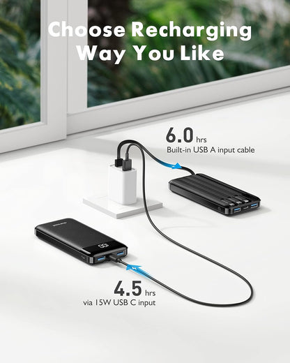 2 Pack of Portable Chargers with Built in Cables, 2PCS Slim 10000mAh Travel Essentials Battery Pack 6 Outputs 3A Power Banks for iPhone Samsung Pixel LG Moto iPad (Black + Black)