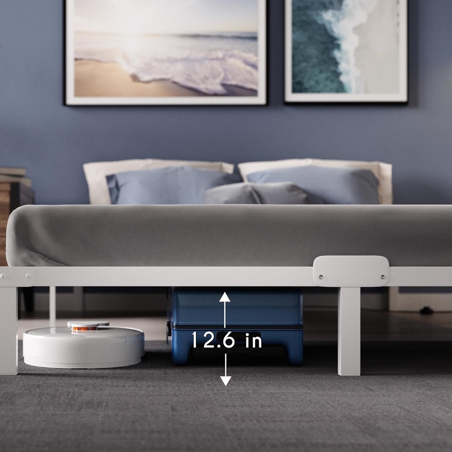 Dreamzie Queen Bed Frame Metal - 14 inch Platform Bed Frame Queen - White - for Double Beds - Sturdy, Easy Assembly, Large Storage Area