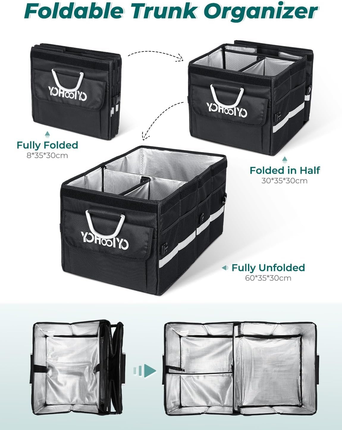 YOHOOLYO Trunk Organizer for SUV Large Insulated Car Storage Organizer Collapsible Multi-compartments Pockets Trunk Cooler Box Portable Grocery Cargo Container with Aluminium Handles, Lid Black E3W