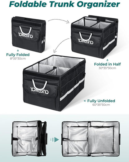 YOHOOLYO Trunk Organizer for SUV Large Insulated Car Storage Organizer Collapsible Multi-compartments Pockets Trunk Cooler Box Portable Grocery Cargo Container with Aluminium Handles, Lid Black E3W