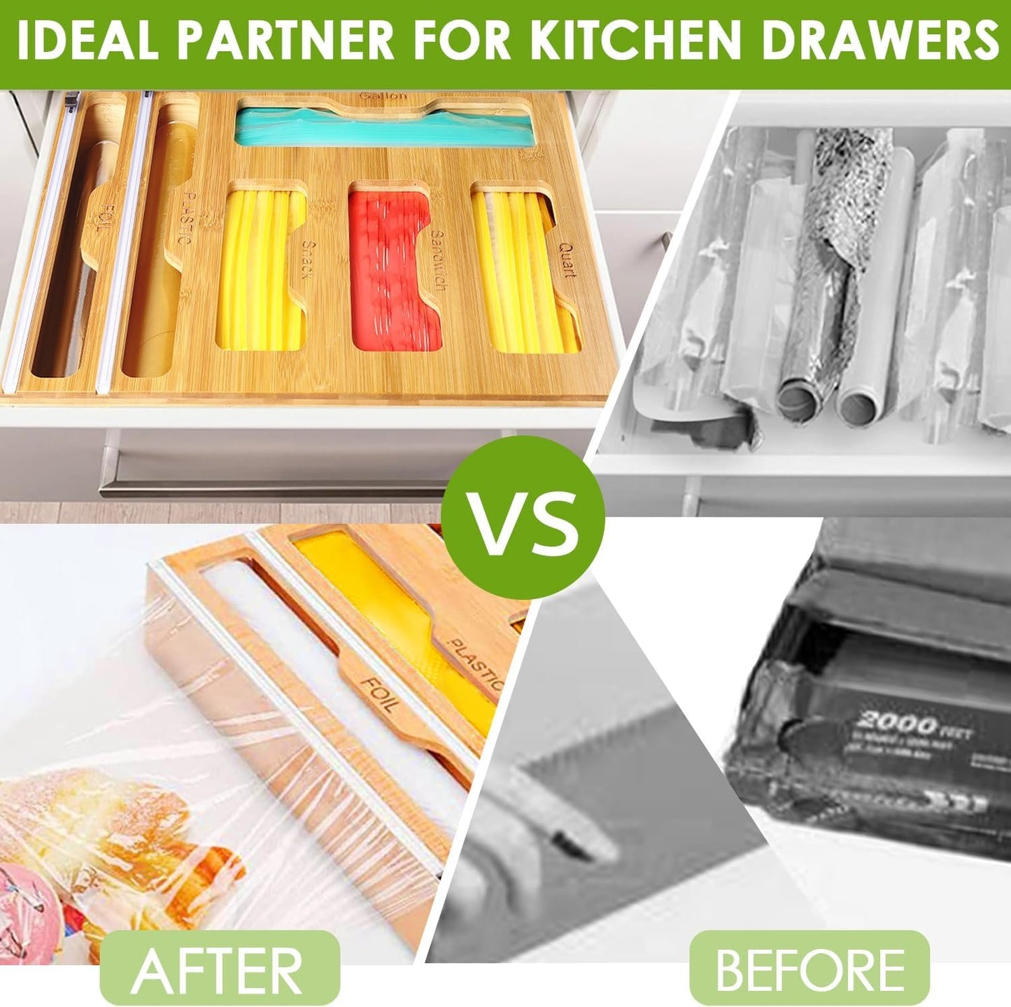 Bag Storage 6 IN 1 Foil and Plastic Wrap Organizer for Kitchen Drawer, Plastic Wrap Dispenser with Cutter, 100% bamboo foil and plastic wrap organizer,bag organizer for Drawer Gallon, Quart