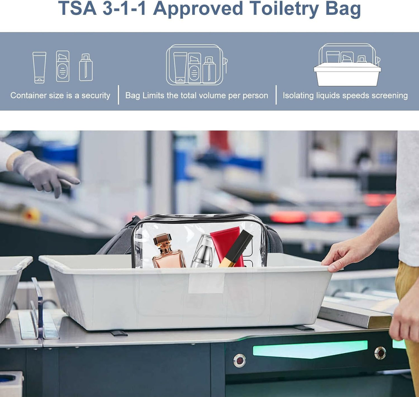TECDW Clear Travel Toiletry Bag, 2PCS TSA Approved Airport Security Liquids Bags19.5x6cm, 1L Leakproof Clear Makeup Bags, Transparent Travel Wash Bag Holiday Essentials Luggage for Men Women (Black)
