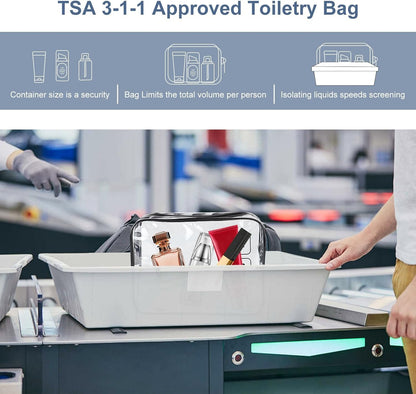 TECDW Clear Travel Toiletry Bag, 2PCS TSA Approved Airport Security Liquids Bags19.5x6cm, 1L Leakproof Clear Makeup Bags, Transparent Travel Wash Bag Holiday Essentials Luggage for Men Women (Black)