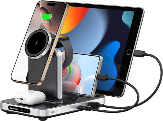 SwanScout Wireless Charger for Apple, 5 in 1 Charging Station for Multiple Devices, for iPhone 16/15/14/13 Series, for Apple Watch Ultra 2/10/9/8/7/6, for AirPods/iPad/Tablet/Switch, SwanScout 901M