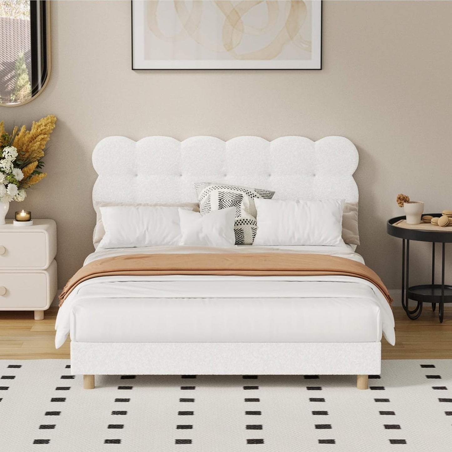 Oikiture Double Bed Frame Boucle Mattress Platform Bed Base White