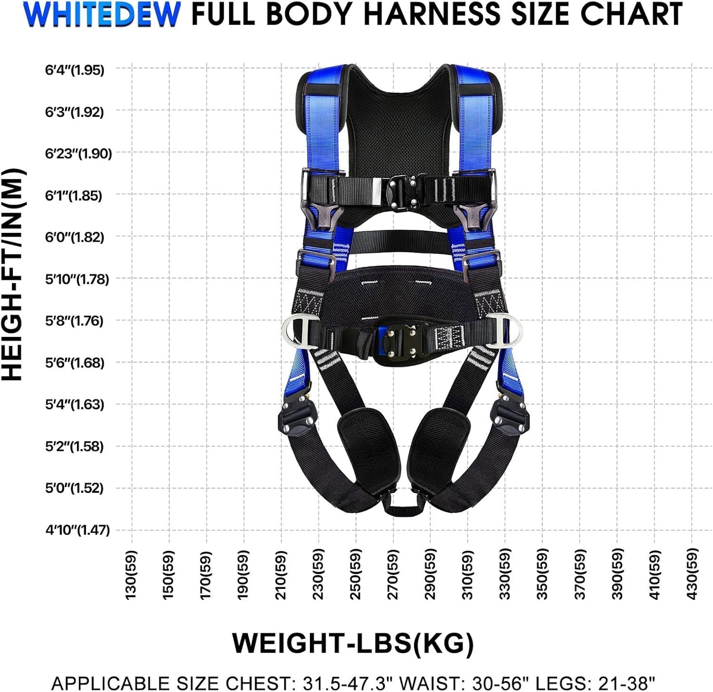 Fall Protection Premium Safety Harness with Shock Absorbing Lanyard, Roofing Constructio Harness, Vented & Padded Shoulder, Legs & Back - Upgrade 4 Quick Buckles (Blue)