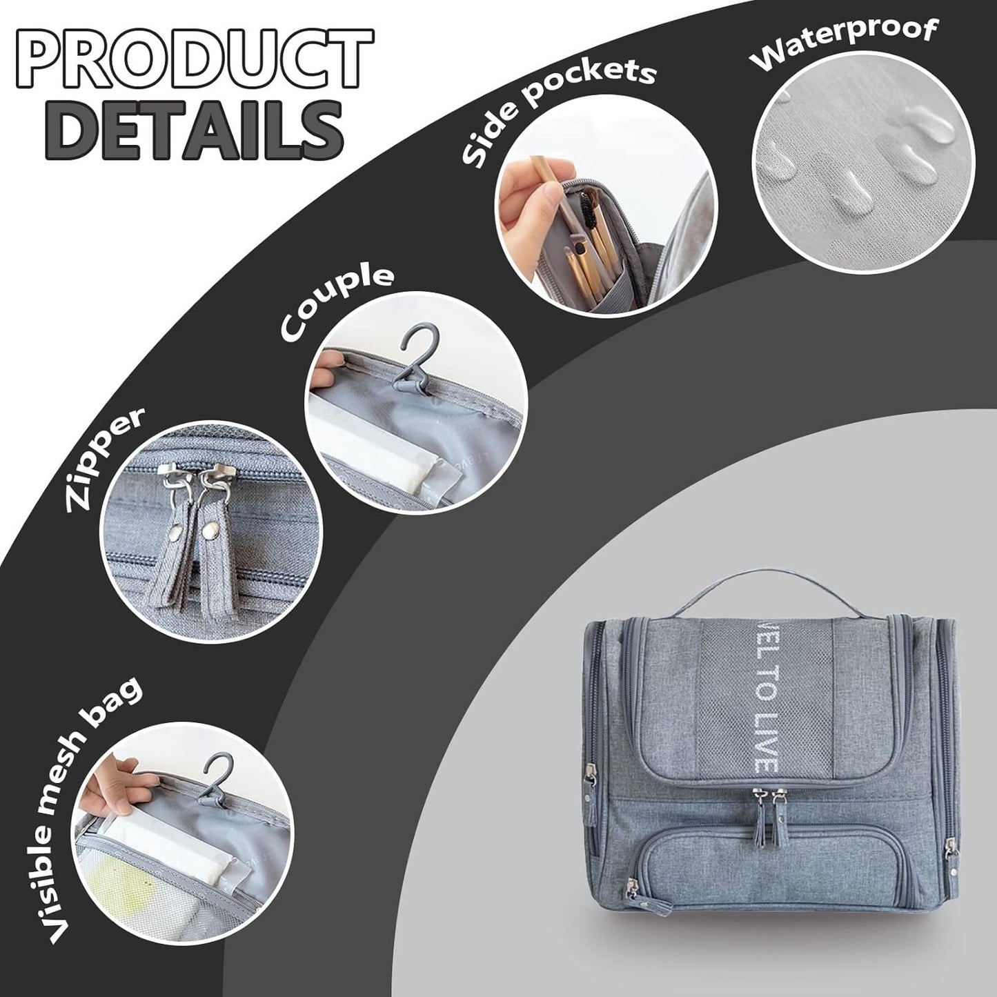 Hanging Travel Toiletry Bag for Women Men, Waterproof Cosmetic Makeup Organizer Bag Storage with Hook, Skincare Hygiene Bathroom Bag for Traveling (Gray)