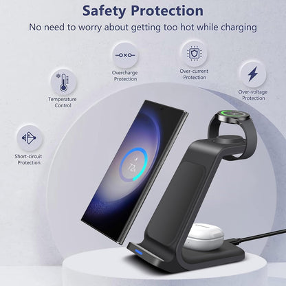 3 in 1 Wireless Charger Stand Charging Station for Samsung Devices 15W Fast Charge for Galaxy S24/S23/S22/S21/S20/S10,Note 20/10, Galaxy Buds Pro/Live, Galaxy Watch6/5 Pro/5/4/3/Active 2