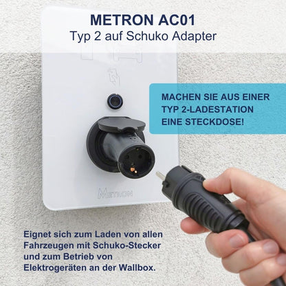 Metron AC01 Type 2 Adaptor to Schuko Reliable on Any Wallbox Thanks to Start and Stop Electronics
