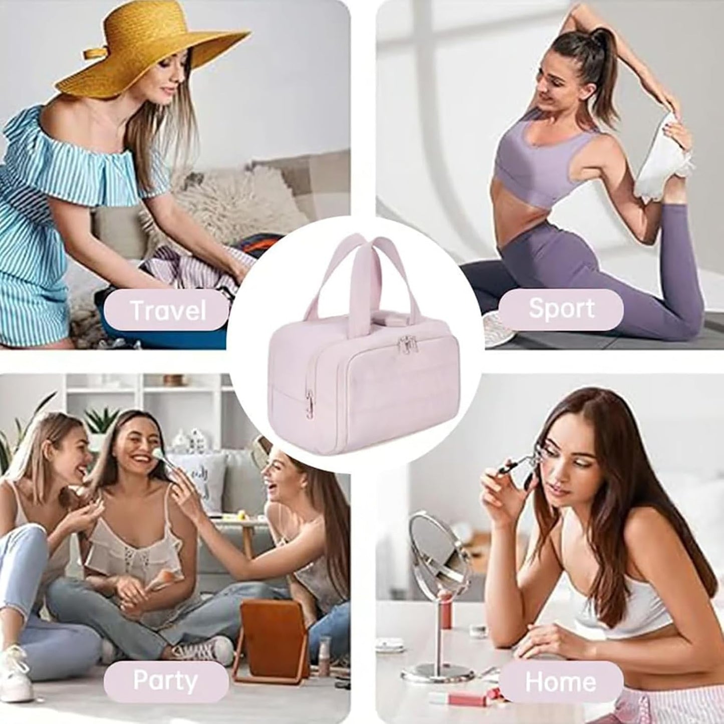 Cureaway Travel Cosmetic Bag, Large Capacity Wide-Open Travel Cosmetic Bag, 4-in-1 Puffy Multi-Functional Toiletry Bag, Open Flat Makeup Bag for Accessories, Essentials, Toiletries, purple, Floral