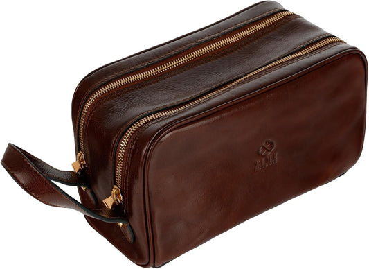 Time Resistance Leather Toiletry Bag - Dopp Bag Skincare Bag - Italian Cosmetic Bag (Brown)