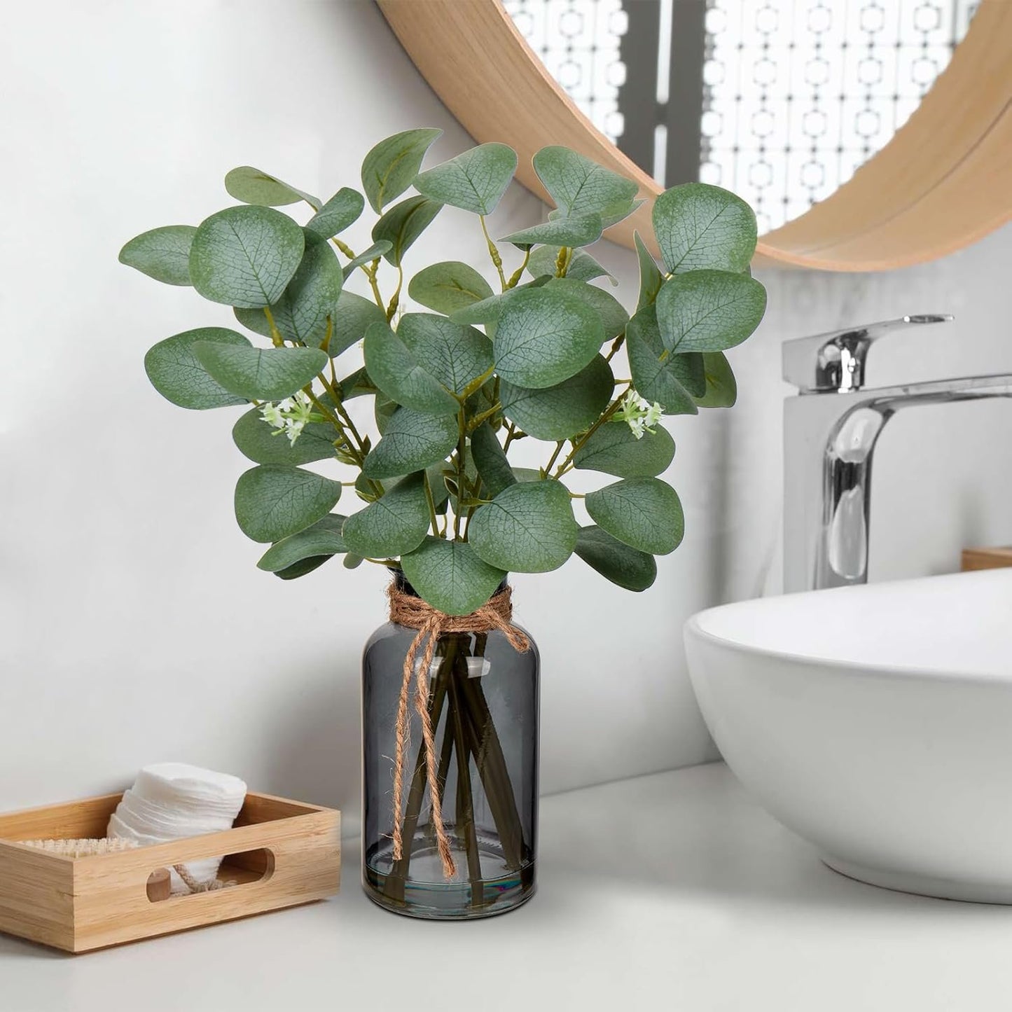 DILATATA Artificial Eucalyptus Stems in Glass Vase with Faux Water, 14" Fake Plant Eucalyptus Leaves for Home Office Farmhouse Wedding Centerpiece Décor